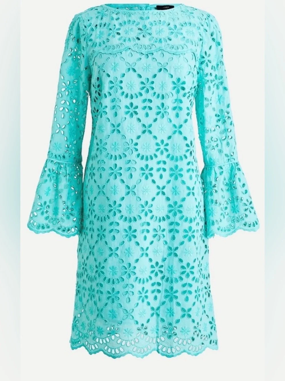 NWOT J crew Eyelet Midi Dress 3/4 length Bell Sleeve Teal Aqua Blue. Size 10.